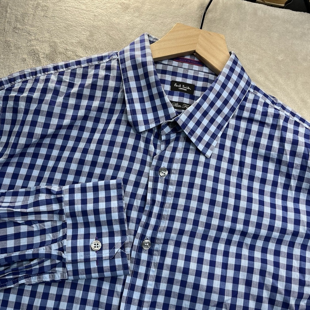 Paul Smith London Shirt Men 16.5/42 Long Sleeve Slim Fit Blue Gingham Italy Made